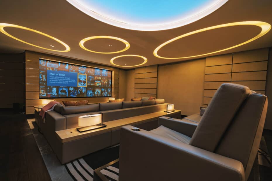 A modern home cinema installation with a circular ceiling.