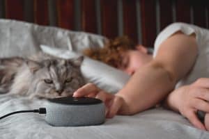 Young man sleeping in bed with cat and pressing button on virtual assistant to stop alarm