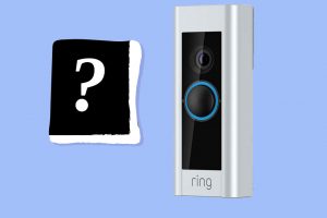 A Ring video doorbell with a flashing blue question mark next to it.