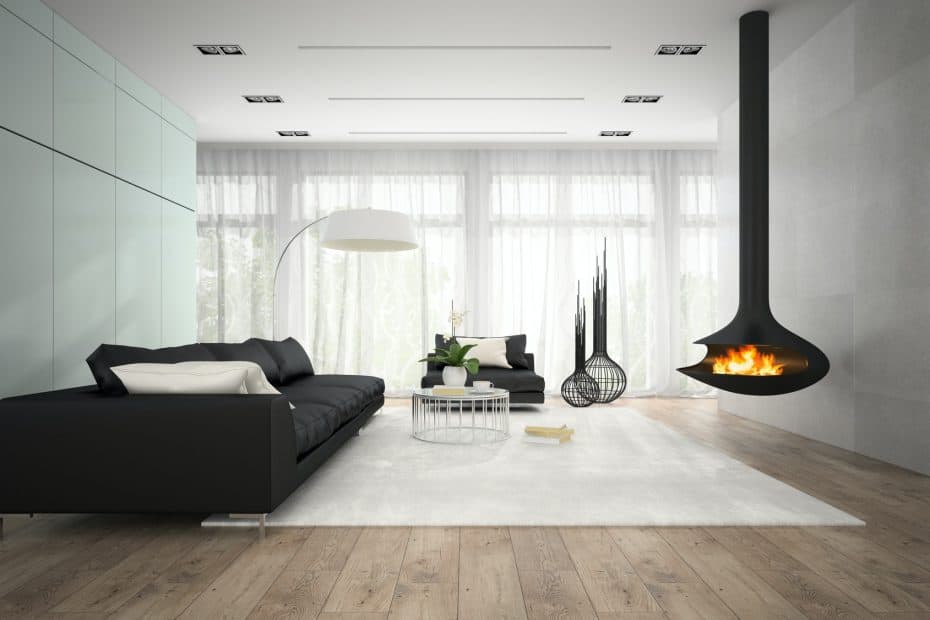 Interior of modern room with fireplace 3D rendering