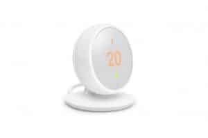 A white smart thermostat with a clock on it, compatible with Alexa.