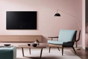 A pink living room with furniture and a tv.
