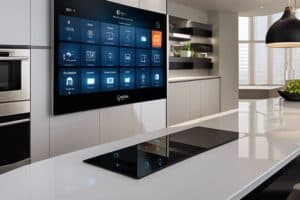A kitchen with a tv mounted on the wall.