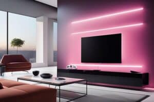 A living room with a tv and pink lighting.