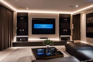 A modern living room with a tv in the middle of the room.