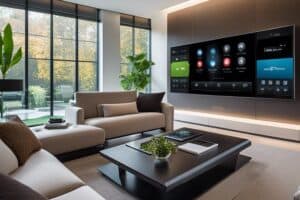 A modern living room with a smart tv.