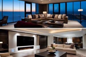 Two pictures of a living room with a view of the ocean.