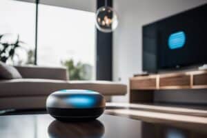 A smart speaker sits on a table in a living room.