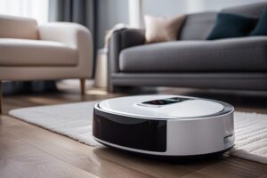 A robot vacuum is sitting on the floor in a living room.