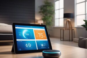An echo dot sitting on a table in a living room.
