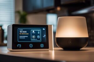 A smart home device sits on a counter next to a lamp.