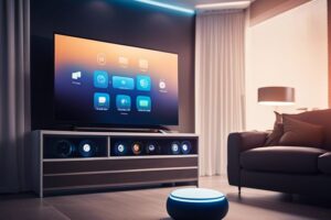 A living room with a tv and a smart speaker.