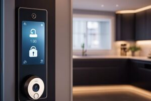 A smart doorbell in a modern kitchen.