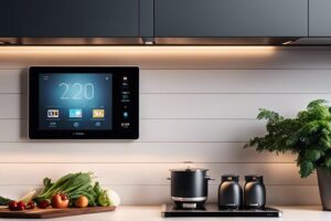 A kitchen with a smart device on the wall.