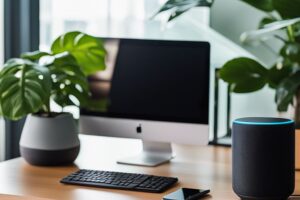 Amazon echo smart speaker on a desk next to a computer and a plant.