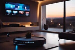 A living room with a tv and a robot.