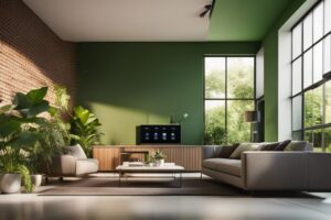 A living room with green walls and plants.