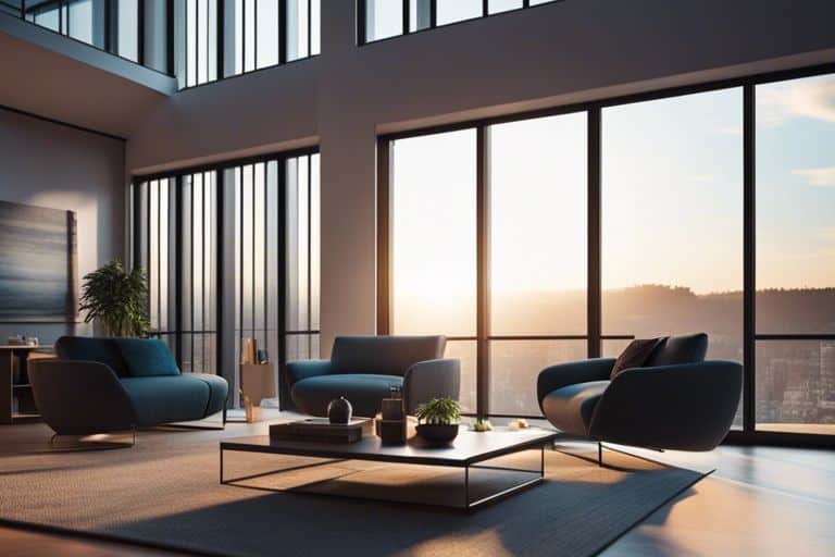 A living room with large windows overlooking the city.