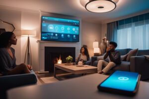 A family sitting in a living room with a smart tv.