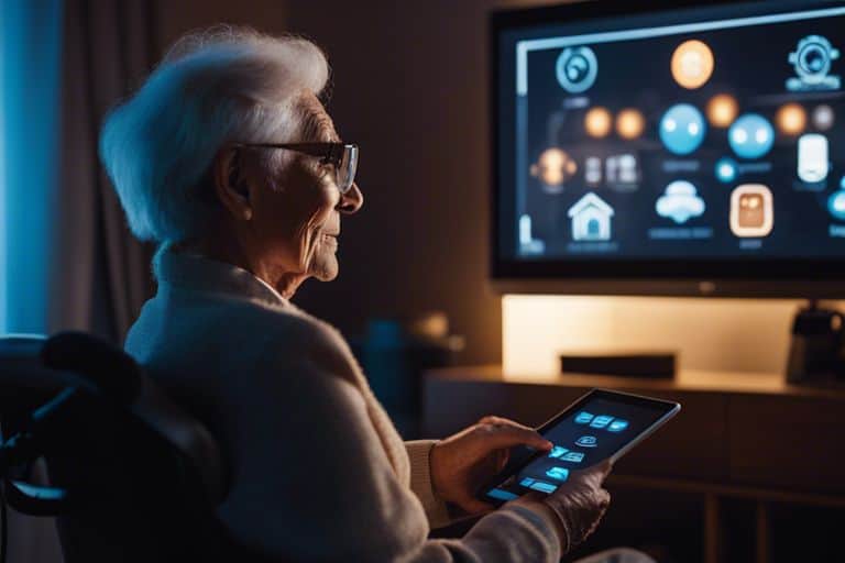 An elderly woman is using a tablet in front of a tv.