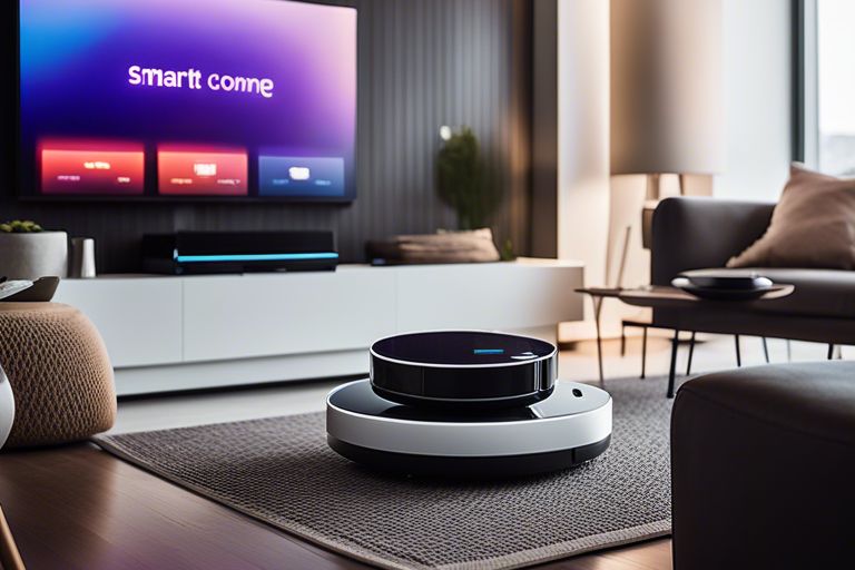 A robot in a living room with a tv.