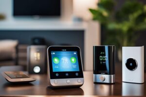 A group of smart devices on a table in a living room.