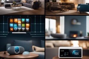 A collage of images showing various devices in a living room.
