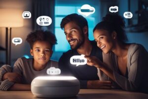 A family is looking at a smart home device.