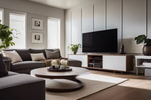 A modern living room with grey furniture and a tv.