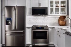 A kitchen with a stainless steel refrigerator and microwave.