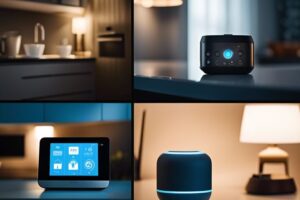 A series of photos showing a smart home device on a kitchen counter.