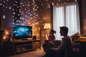 A man and woman watching tv in a living room with christmas lights.