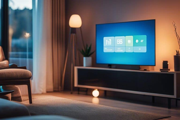 A living room with a smart tv on the wall.