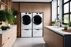 A laundry room with two washers and two dryers.