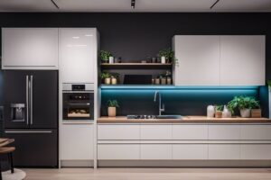 A modern kitchen with white cabinets and blue lighting.