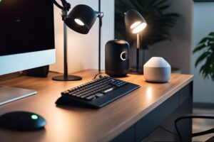 A desk with a monitor, keyboard and lamp.