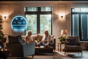 A couple sitting in a living room with a smart home device.
