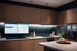 A kitchen with a digital display on the wall.