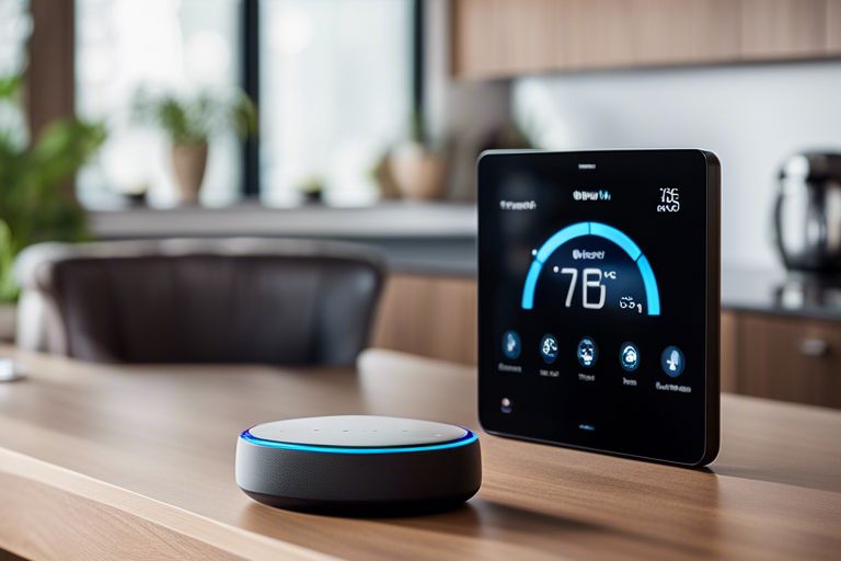 An echo dot is sitting on a table in a kitchen.