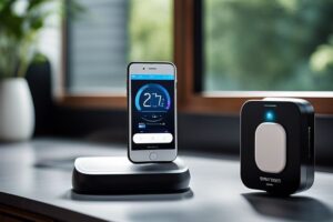 A smart phone is sitting on a table next to a smart thermostat.